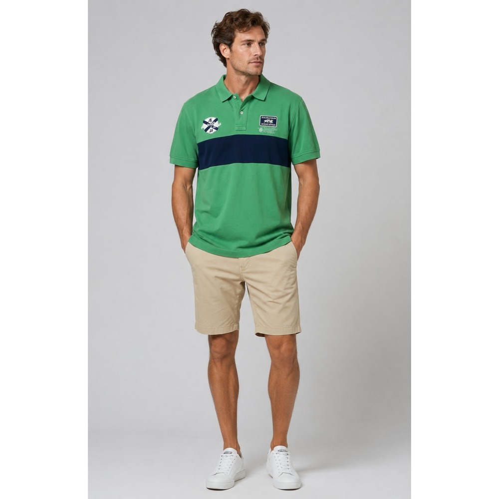 Tommy Hilfiger Preppy Polo Shirt Mens XL Green Navy Blue Stripe Cotton Patches